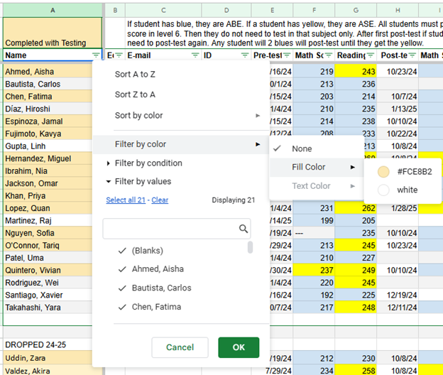 Tools in sheets like filter by fill color allow users to see only students who have finished testing or students who still need to post-test.
